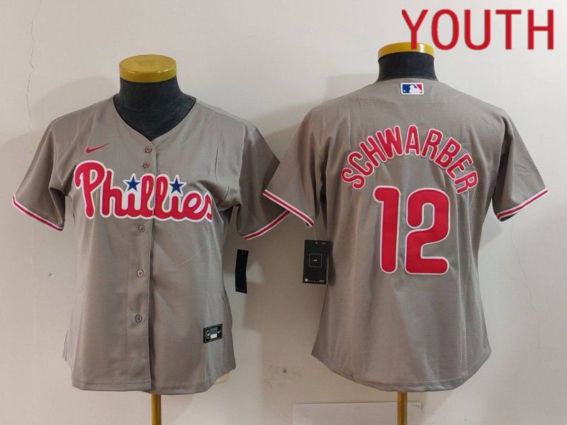 Youth Philadelphia Phillies #12 Schwarber Grey Game 2024 Nike MLB Jersey style 3